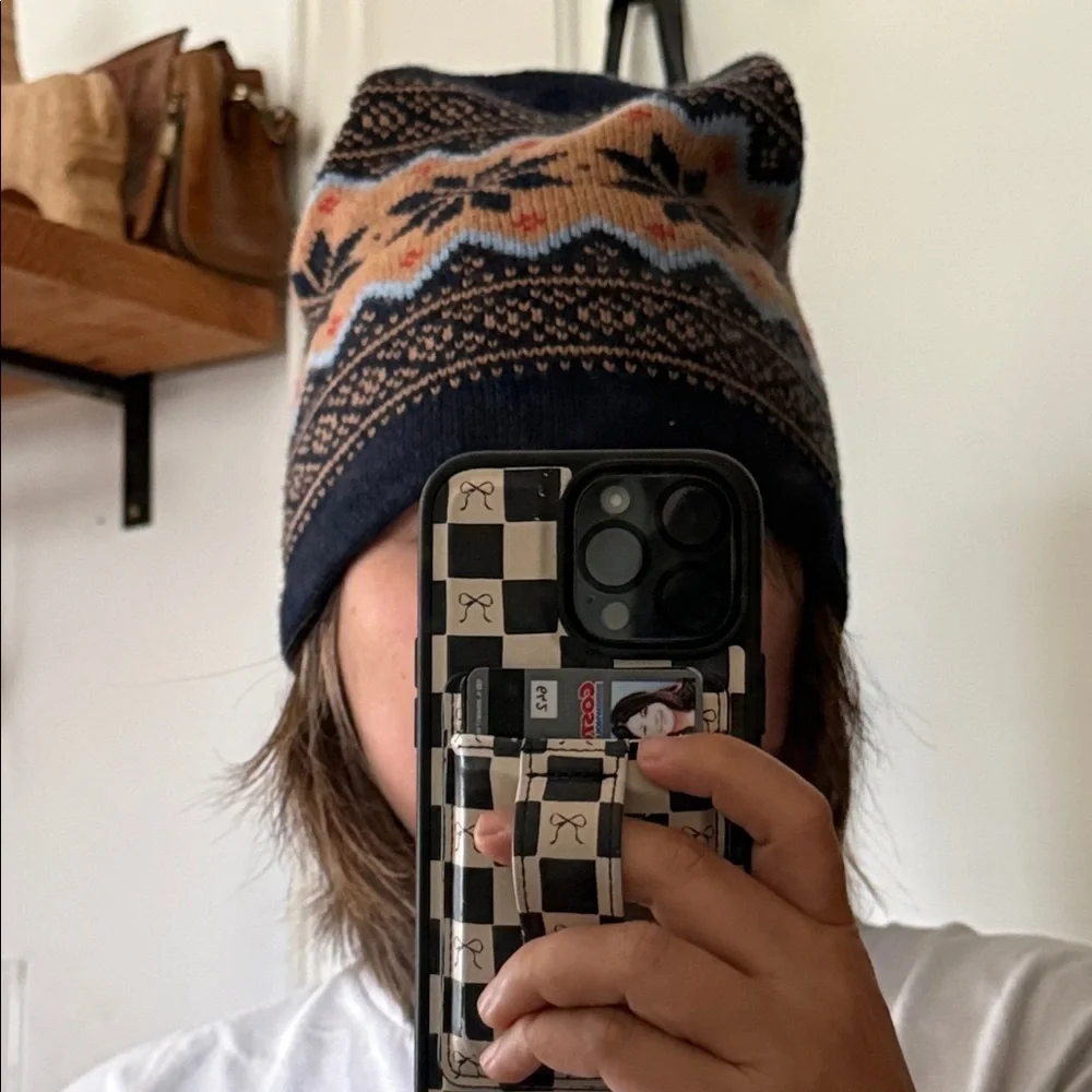 L.L. Bean Navy Fair Isle Knit Wool Hat with Tan and Light Blue Accents